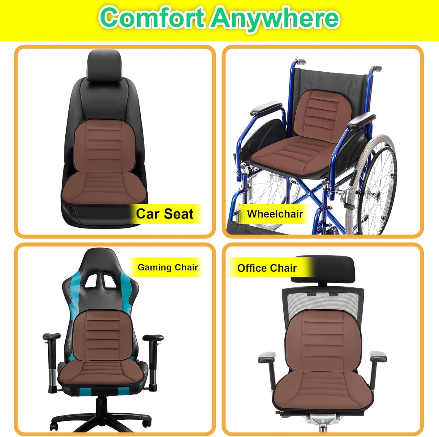 kingphenix Car Seat Cushion with Lumbar Support Pillow: Enhanced Comfort Memory Foam Design for Pain Relief, Ideal for Drivers and Office Use - Ergonomic Lumbar Comfort for Long Sitting - Brown