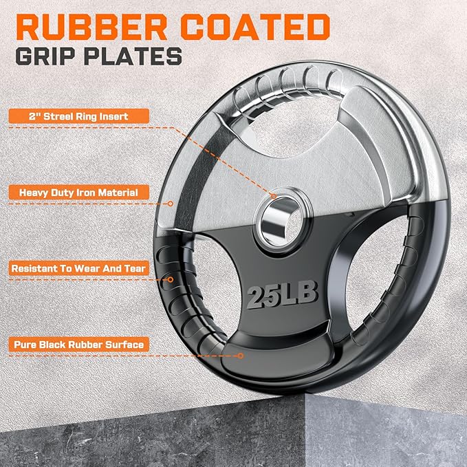 XDDIAS Rubber Weight Plates for Barbell, 2-Inch Olympic Grip Plate for Strength Training, Weightlifting and Bodybuilding in Home & Gym, Solid Cast Iron Weight Plates Pair and Sets