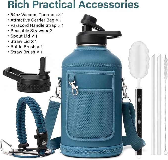 Insulated Water Bottle | Thickened Stainless Steel Vacuum Metal | Portable Sports Half Gallon Large Water Jug for Gym and Hiking with Straw, Carrier Bag, Handle Strap | BPA-Free 64 oz
