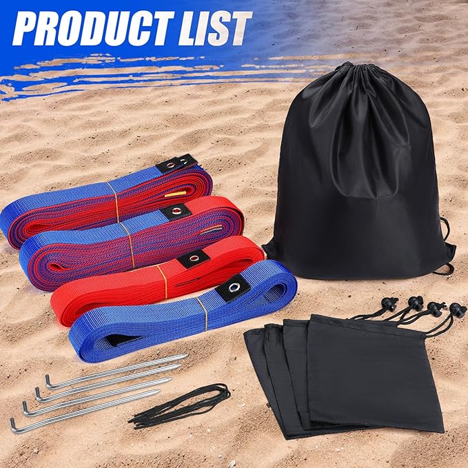 TOBWOLF 26.3' x 52.6' Beach Volleyball Lines, Volleyball Court Lines with Metal Anchors & SandBags,Highly Visible Marking Sand Lines with Metal Anchors & SandBags for Sand Outdoor Grass Backyard