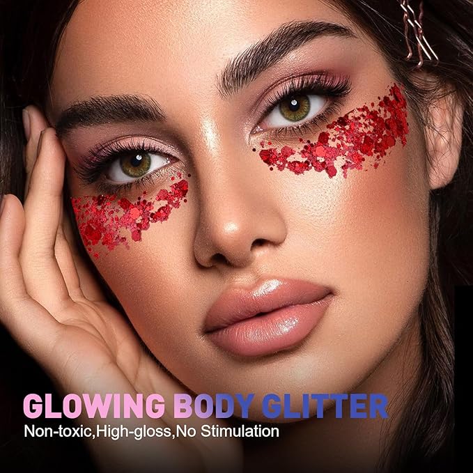 AROIC 40 Colors Body Glitter, Hair Glitter for Kids Women Makeup, Glow in The Dark, Eyeshadow Hair Gel Face Sparkles, Body Makeup for Festivals, Raves, Anime Cosplay, Concerts Festival Face Paint