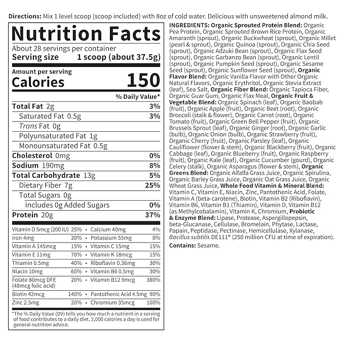 Garden of Life Meal Replacement Shakes, Raw Organic, Vanilla Protein Powder with Plant Based Pea Protein, Sprouts, Greens, Probiotics, Dairy Free 28 Servings