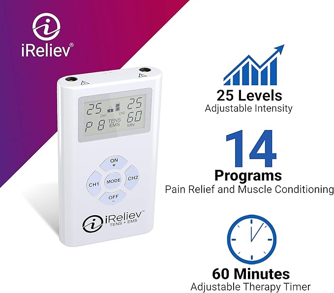 iReliev TENS + EMS Combination Unit Muscle Stimulator for Pain Relief & Arthritis & Muscle Strength with Backlit Display