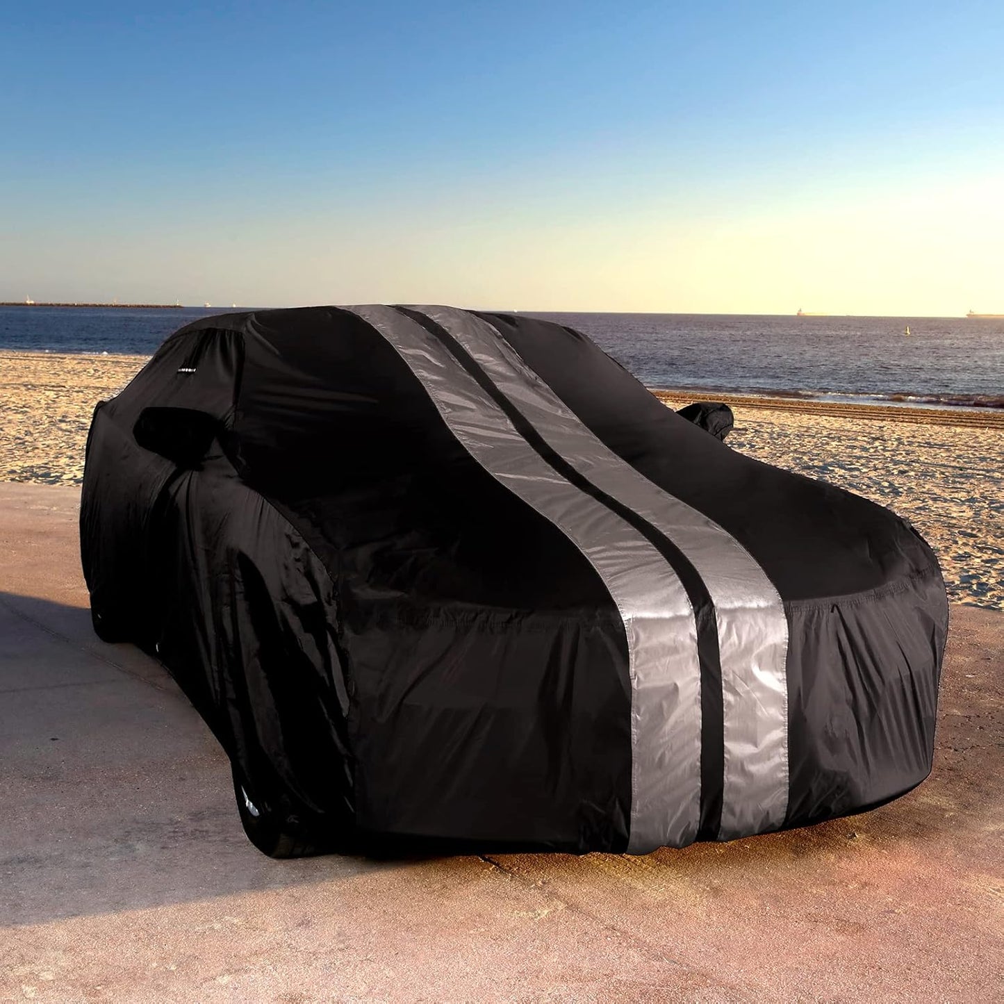 iCarCover Custom Car Cover Compatible with Mustang 2005-2025, Waterproof All Weather Rain Snow UV Sun Protector Full Exterior Indoor Outdoor Car Covers, Stripe (Black/Gray)