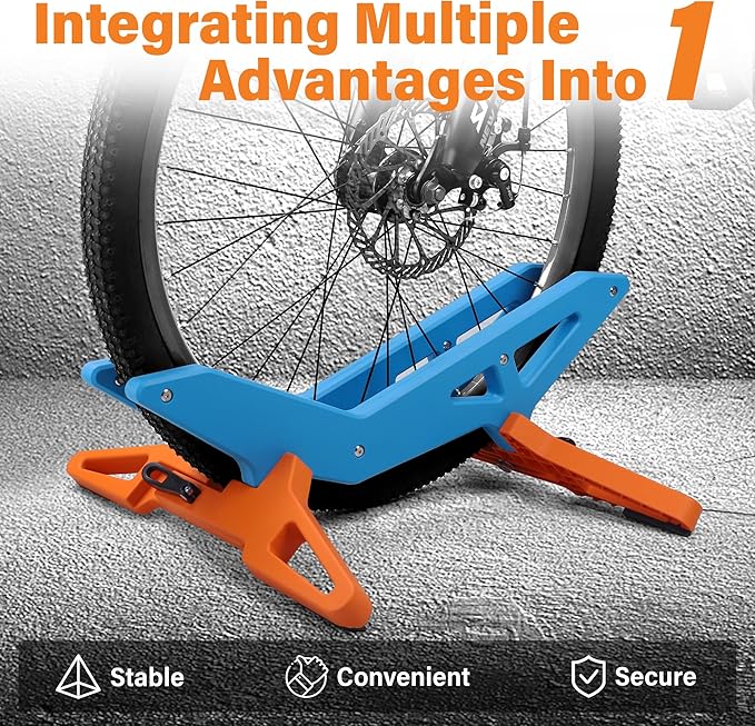 Adjustable Bike Parking Stand Fits 16-29 Inch Bicycles, Compatible with 23c-3.0 Tire Width – Heavy-Duty Plastic, Easy Installation, Stylish Two-Tone Design (Blue&Orange)