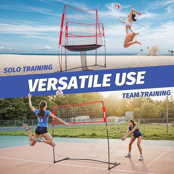 ZELUS Volleyball Training Equipment, 11x8 ft Volleyball Practice Net Station with Adjustable Height & Ball Return