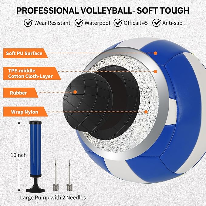 Outdoor Professional Volleyball Net Set for Backyard Beach with Heavy Duty Adjustable Aluminum Poles, Upgraded Anti-sag Net, PU Volleyball and Pump, Boundary Line, Large Carry Bag