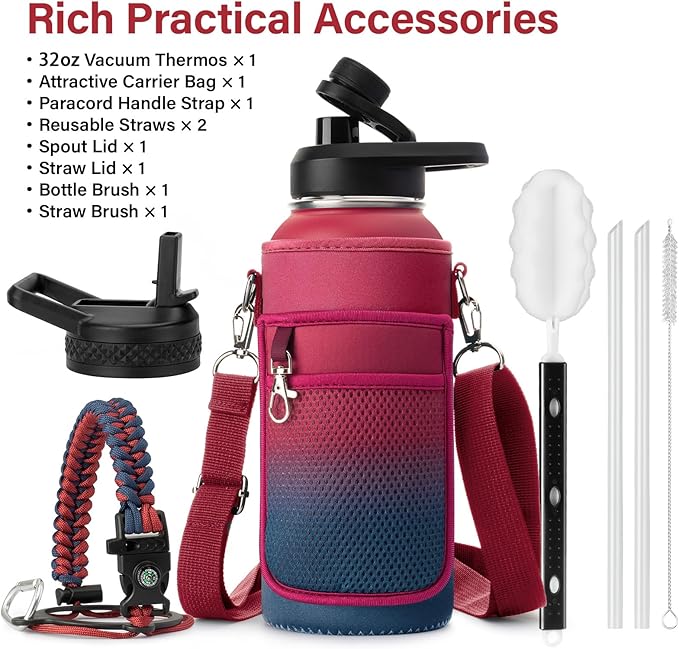 Insulated Water Bottle | Thickened Stainless Steel Vacuum Metal | Portable Sports Water Jug for Gym and Hiking with Straw, Carrier Bag, Handle Strap | BPA-Free 32 oz