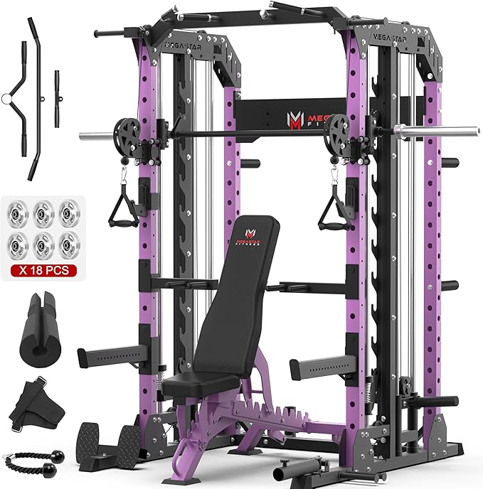 Smith Machine Home Gym with Aluminum Pulley Set- 2000lbs Capacity All-in-One Power Rack with Cable Crossover, Pull-Up Bar & Dip Station, Includes 18 Attachments, P107 Anvil
