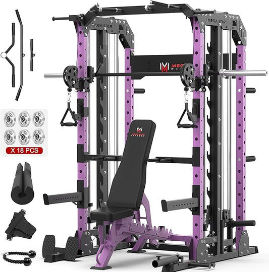 Smith Machine Home Gym with Aluminum Pulley Set- 2000lbs Capacity All-in-One Power Rack with Cable Crossover, Pull-Up Bar & Dip Station, Includes 18 Attachments, P107 Anvil