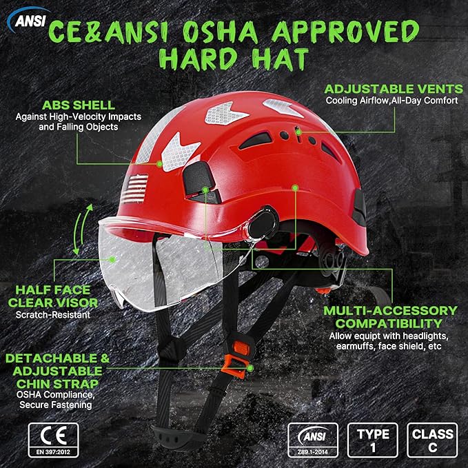 AOLAMEGS Construction Safety Hard Hat - ANSI Z89.1 Type Ι OSHA Approved Safety Helmets with Chin Straps Lightweight Reflective Vented ABS Hard Hats For Men Women Industrial Workwear 6-point Suspension