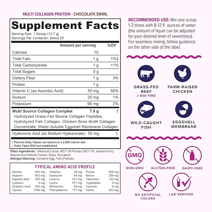 Multi Collagen Peptides Powder for Women - Hydrolyzed Chocolate Collagen Powder for Women with Types I II III V & X Vitamin C & Hyaluronic Acid for Hair Skin and Nails (Chocolate) - 30 Servings