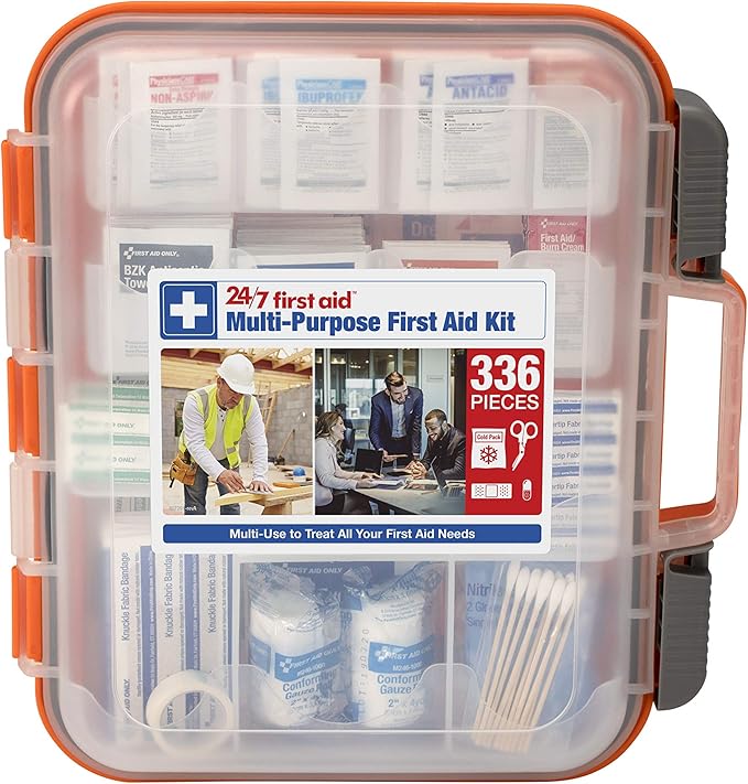 24/7 First Aid OSHA Compliant First aid Kit, All-Purpose 100-Person Emergency First Aid Kit for Business, Home, and Car in Plastic Case with Easy-Slide Latches, 336 Pieces