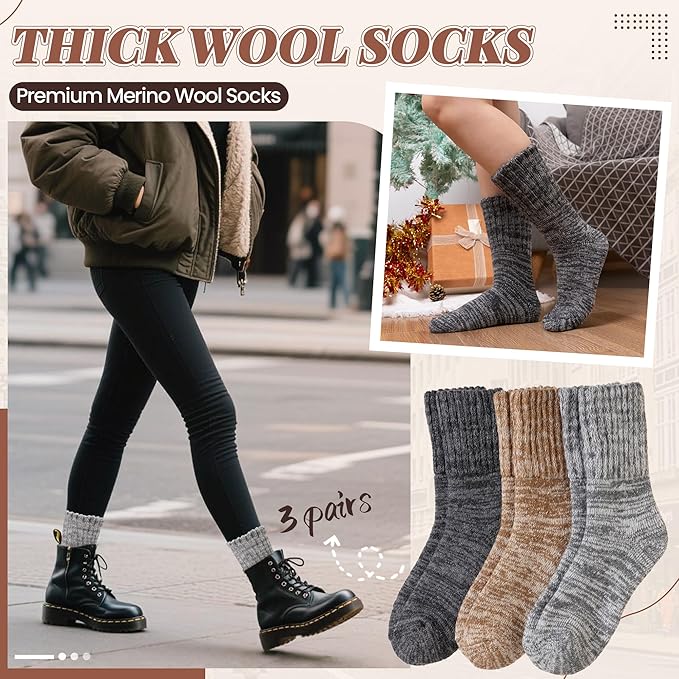 Merino Wool Boot Socks Thermal Winter Ski Thick Warm Hiking Socks for Women Men 3 Pairs
