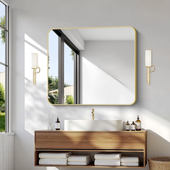 Gold Bathroom Mirror,30x36 inch Wall Mirror for Bathroom Wall Mounted,Round Rectangle Mirror for Bathroom Over Sink,Modern Frame for Home Decor Living Room,Bedroom Entryway,Horizontal/Vertical