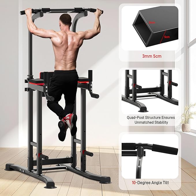 Outdoor Basic Power Tower Max Pull Up Bar and Dip Station - Heavy Duty 1600LBS Weight Capacity, Reinforced Steel Frame for Maximum Stability, Multi-Function Home Gym Equipment with Adjustable Height for Strength Training Fitness