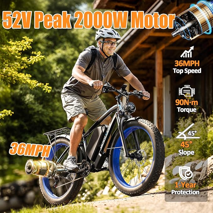 Ebike for Adults Electric, 52V 19.2Ah/32Ah, Peak 2000W/2500W E-Bike, 36/40MPH, 70 Miles/100Miles Long Range, Hydraulic Disc Brake, Off Road Snow Mountain E-Bike, 24"/26" Fat Tire Fast Electric Bicycle
