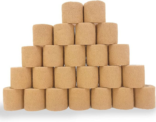 24 Pack Brown Breathable Self Adhesive Bandage Wrap 2 in, Multi-Purpose Non-Woven Cohesive Wrap - Vet Wrap | Athletic Tape | Medical Tape, Ankle Sprains, Swelling, Pets.