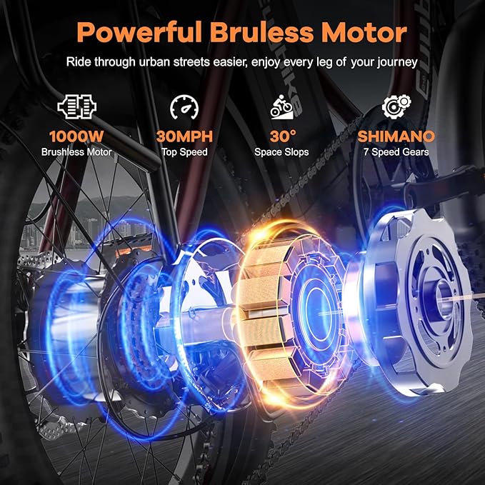 Foldable Electric Bike for Adults, Peak 1000W Brushless Motor 30MPH 70Miles City Commuter Ebike, 48V 20AH Lithium Battery, 20" Fat Tire 7-Speed E-Bicycle with Front Suspension Colourful LCD Display