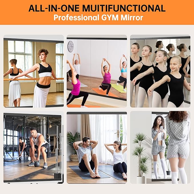 Hasipu 2 Pcs 79''x35'' Home Gym Mirror Large Full Length Wall Mounted Full Body Mirror for Yoga Dance Fitness Exercise Studio Bedroom Garage, Frameless Tempered Glass Workout Mirrors Black Rectangular