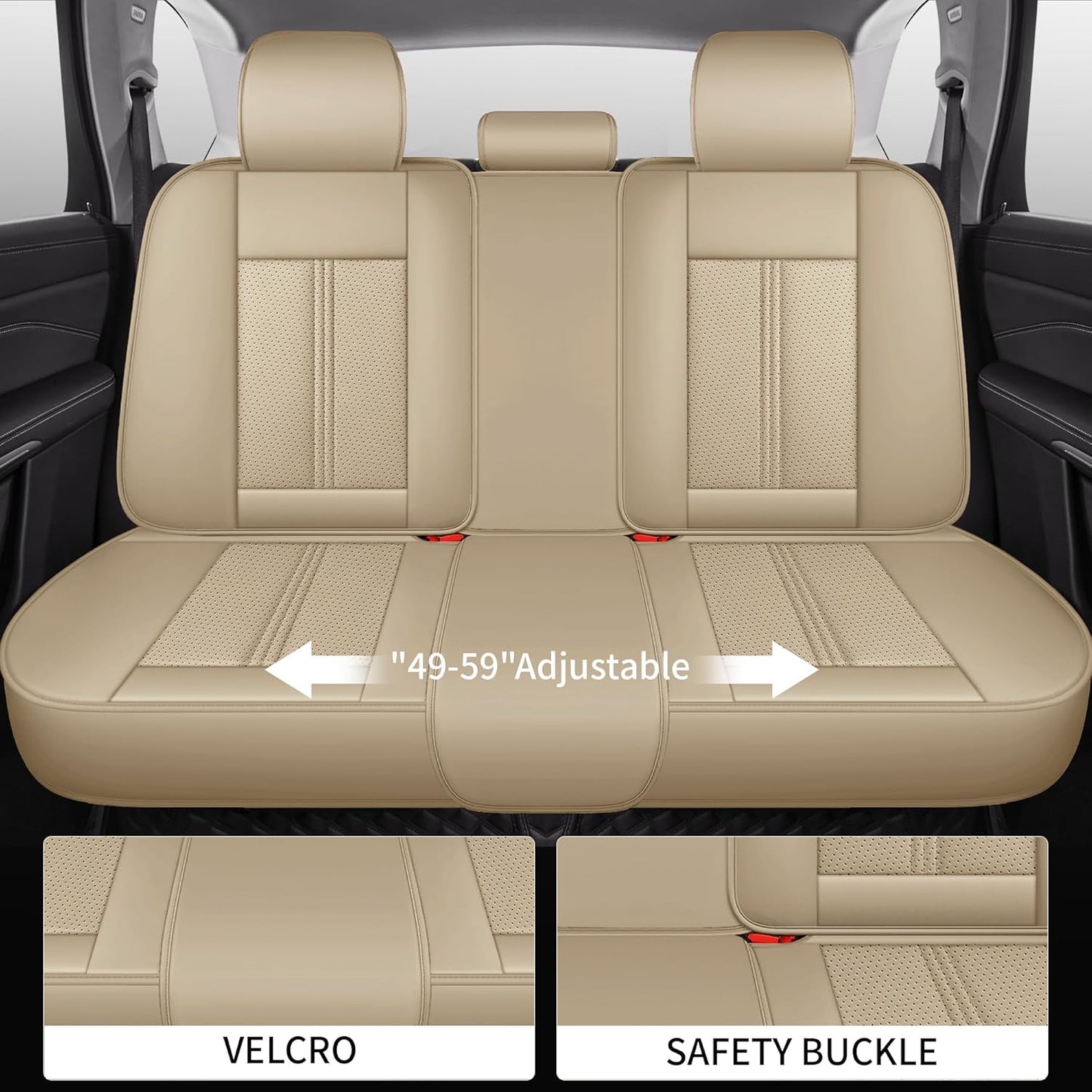 Car Seat Covers Full Set, Black Seat Cover for Cars Compatible Airbag, Easy Install Luxury Leather Automotive Seat Covers with Lumbar Support, for Car, Truck, SUV, Beige