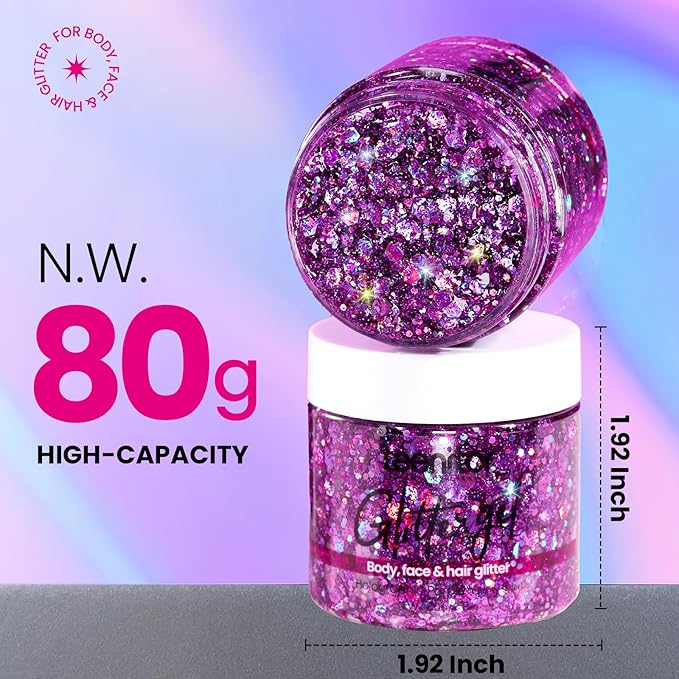 Teenitor Body Glitter, Face Glitter, Hair Glitter Gel, 80g/2.8oz Makeup Rave Purple Glitter Gel for Face and Body