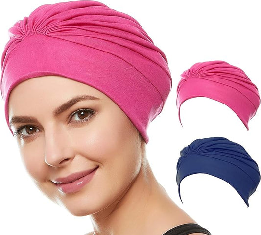 BEEMO Swim Caps for Women Swimming Turban Polyester Latex Lined Pleated for Ladies