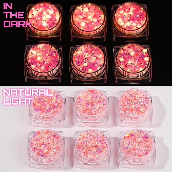 Teenitor Pink Glitter Glow in The Dark Glitter Gel, Pink Face Glitter Gel, Body Glitter Hair Glitter for UV Black Light Glow Party Raves Concerts