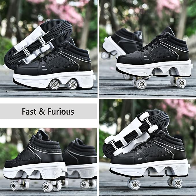 Roller Skate Shoes for Women Four Rounds Children's Roller Skates Shoes That Turn into Rollerskates Sneakers Outdoor Light Shoes with Wheels for Girls/Boys