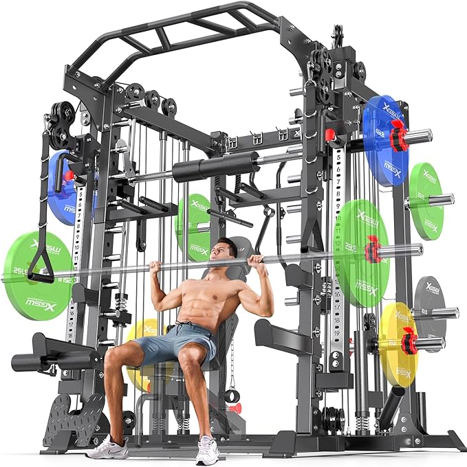 Smith Machine Power Rack Multifunctional Power Cage Deep Squat Rack Cable Crossover System Selectable More Training Attachment for Garage & Home Gym