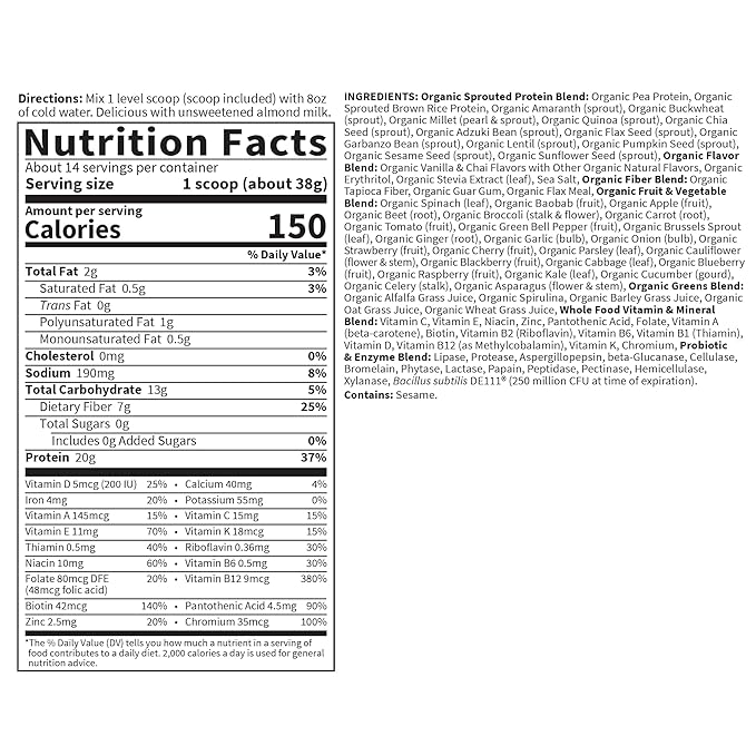 Garden of Life Meal Replacement Shakes, Vegan Protein Powder, Raw Organic Meal, Vanilla Chai Powder with Plant Based Pea Protein, Sprouts, Greens, Probiotics, Dairy Free 14 Servings