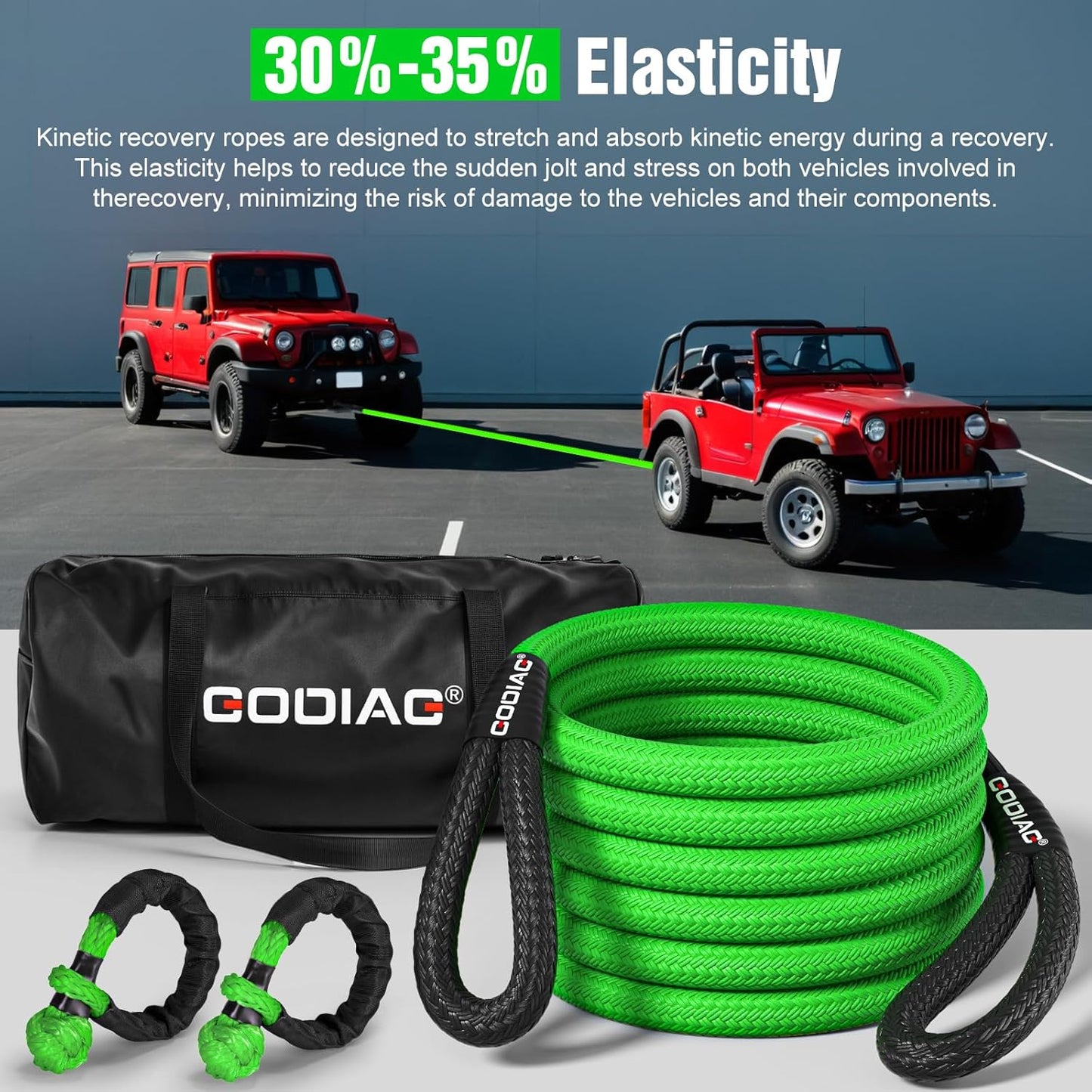 GODIAG 1"×30ft Kinetic Recovery Tow Rope (46500lbs) Heavy Duty Energy Rope with 2 Soft Shackles, 30% Elasticity Offroad Power Strap for Truck Jeep Car ATV UTV Tractor