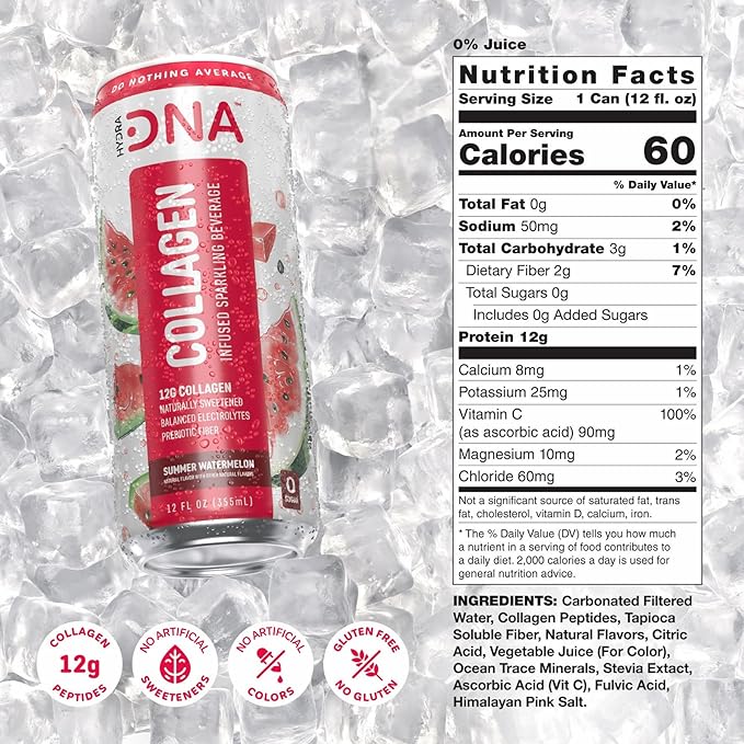HYDRADNA- Sparkling Liquid Collagen Protein Water Drink Balanced Nutrients for Wellness - Sugar-Free - Keto-Friendly - No Gluten (12 Pack) Watermelon