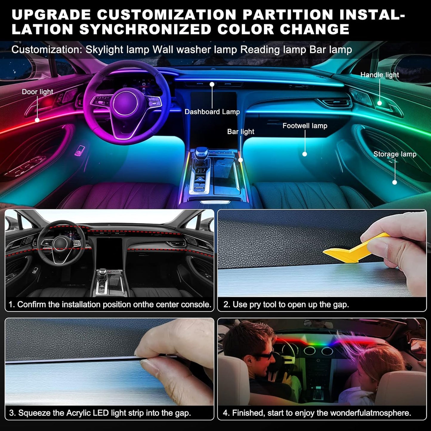 Dreamcolor Acrylic Interior Car LED Strip Light with Wireless APP, RGB 18 in 1 with 175 inches 593 LEDs Fiber Optic Ambient Lighting Kits, 16 Million Colors Sound Active Function Car Neon Lights