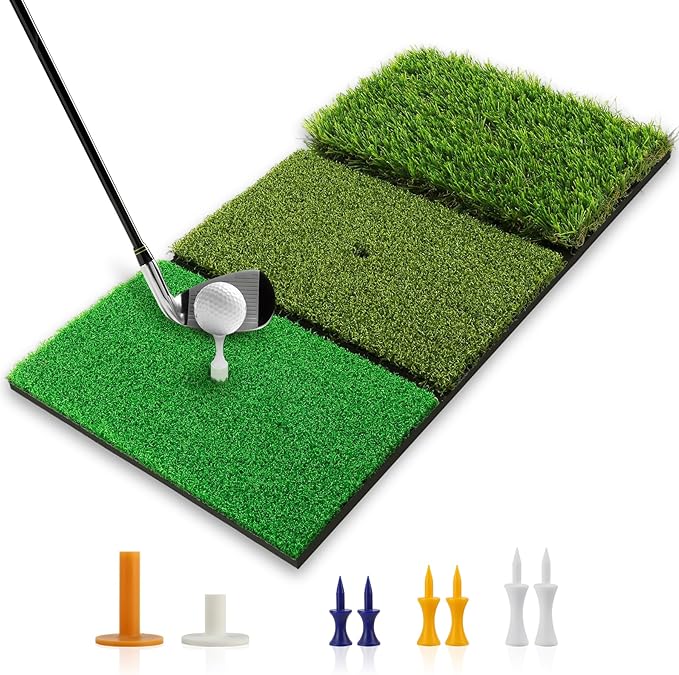 Golf Practice Mat 3-in-1 Turf Golf Hitting Mat for Swing, Putting & Chipping | Portable Golf Training Mat Indoor/Outdoor, Golf Mat with 8 Tees