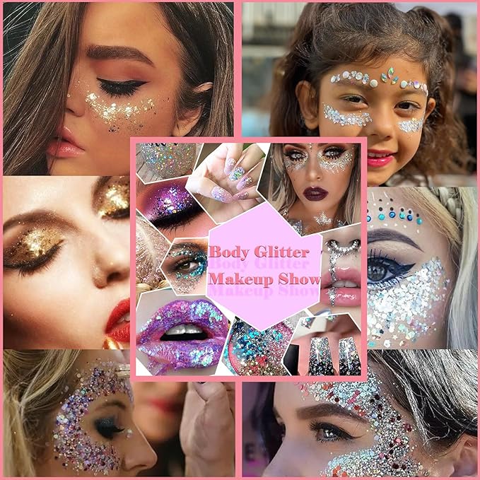 Body Glitter Face Glitter Gel: Singer Concerts Disco Festival Rave Accessories Face Glitter Makeup 150ml Chunky Sequins Mermaid Face Body Hair Glitter Gel (Orange&White&Black)