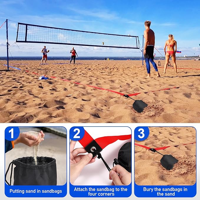TOBWOLF 26.3' x 52.6' Beach Volleyball Lines, Volleyball Court Lines with Metal Anchors & SandBags,Highly Visible Marking Sand Lines with Metal Anchors & SandBags for Sand Outdoor Grass Backyard