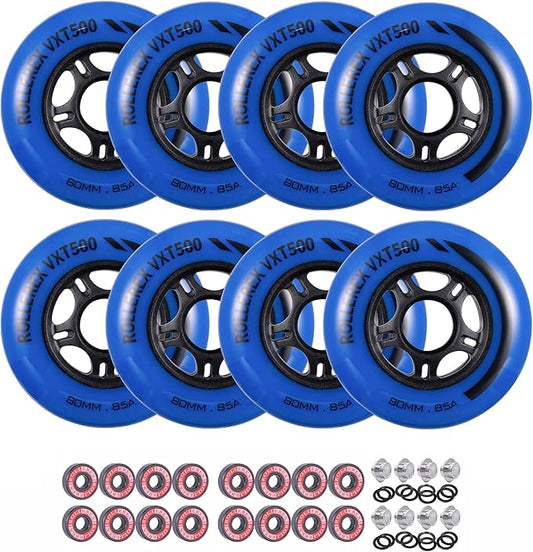 Rollerex VXT500 Inline Skate Wheels (8 Wheels w/Bearings, spacers and washers) (Various Size & Color Options Available) - for Indoor, Outdoor, Hockey - Intended for Roller Blade Wheel Replacement