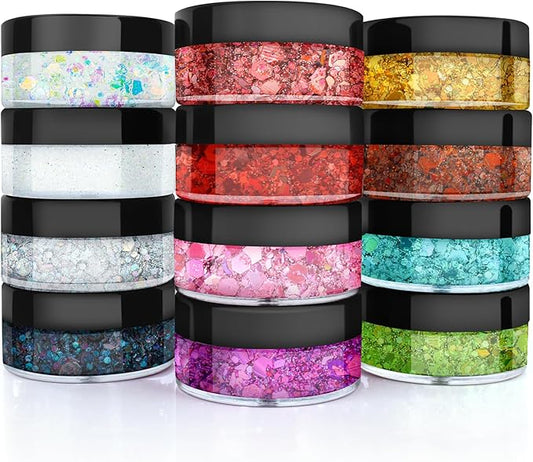 Body Glitter, Face Glitter, Hair Glitter,YGQQOY Holographic Concerts Festival Rave Chunky Glitter Gel, 12 Colors