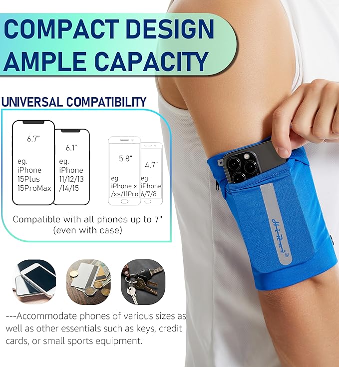 HiRui Running Armband Sleeve Universal Sports Armband Cell Phone Holder Armband for Exercise Workout, Compatible with iPhone 16/15/14/13/Plus/Pro Samsung Galaxy All Phones (S, Blue)