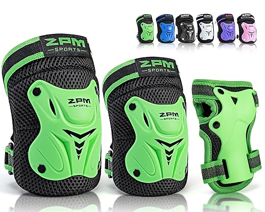 2PM SPORTS Knee Pads for Kids, Wrist Guards Knee and Elbow Pads Set with Drawstring Bag, Protective Gear Set for Girls Boys Roller Skating Cycling Skateboard - Green Medium
