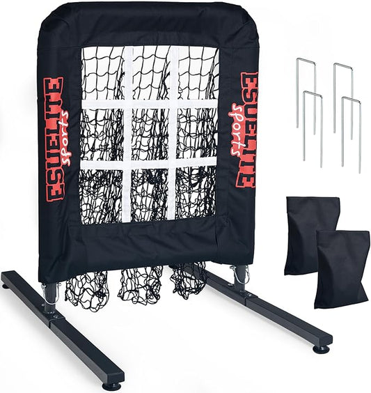 Heavy-Duty 9 Hole Pitching Net with Strike Zone, Baseball/Softball Pitching Target, Portable Height-Adjustable Pitcher Training Equipment, Includes 4 Ground Stakes and 2 Sandbags