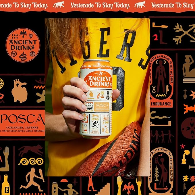 ANCIENT DRINKS Apple Cider Vinegar Beverage with Electrolytes, Vitamins, & Probiotics, Organic, Super-Hydrating Sports Drink - Posca (Cayenne & Cardamom) - 16 fl oz (12 cans)