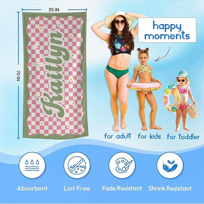 JML Personalized Beach Towel with Name, Custom Flower Beach Towel, Customized Microfiber Pool Towel, Quick Dry & Absorbent Swim Towel for Adult,Anniversary, Birthday, Summer Holiday,Vacation