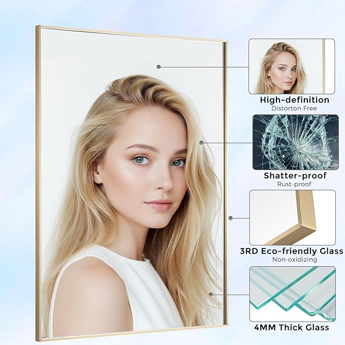 20x40 Inch Brass Bathroom Mirror for Wall, Aluminum Frame Rectangle Rectangular Vanity Mirror, Modern Large for Bedroom, Living Room, Horizontal or Vertical