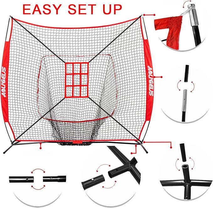 7'X7' Baseball Softball Practice Net,Pitching Net,Batting Net,with Baseball Tee,Bonus Strike Zone and Bow Frame,for Hitting,Pitching, Catching