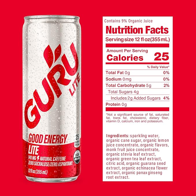 GURU Lite Organic Energy Drinks, Clean Energy Drink with Plant Based Natural Caffeine from Green Tea, Low Calorie, Gluten Free and Vegan, 140MG Caffeine, Healthy Drinks, 12oz (Pack of 24)