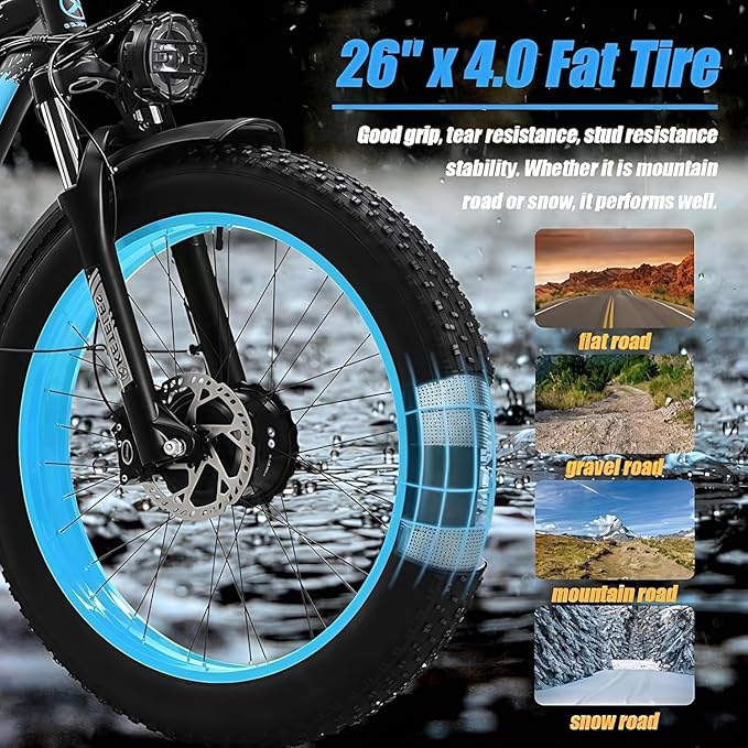 Electric Bike for Adults, AWD Ebike Dual Motor, 26'' Fat Tire Peak 4000W Ebikes with 48V 23AH Battery Hydraulic Brake Electric Bicycle, 21 Speed Dirt Bikes UL Certified