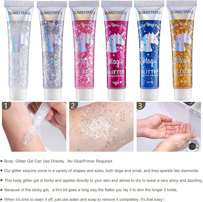 6PCS Pink Face Body Glitter Gel，Mermaid Holographic Sequins Chunky Glitter Paint for Party Singer Concerts Music Festival Rave Accessories for Girls Women Face Body Hair Sparkling Makeup
