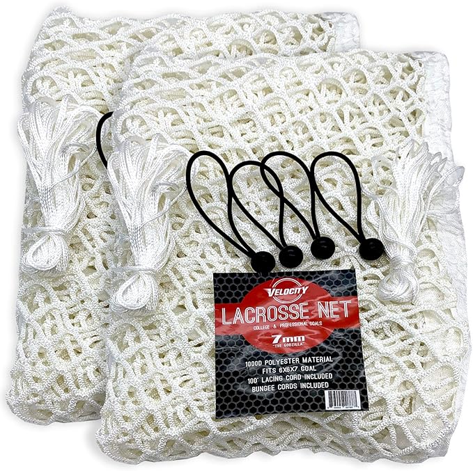 Velocity Heavy Duty Black & White Lacrosse Net - Fits 6’x6’x7’ Goals - Weatherproof, UV Resistant 1000D High-Strength Polyester - Comes with 100+ Feet of Lacing Cord and 4 Quick Ties